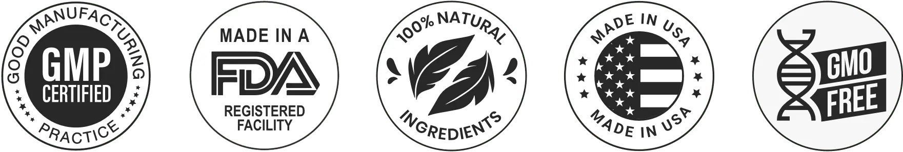 Product Certifications - GMP, FDA, 100% Natural, Made in USA, GMO Free